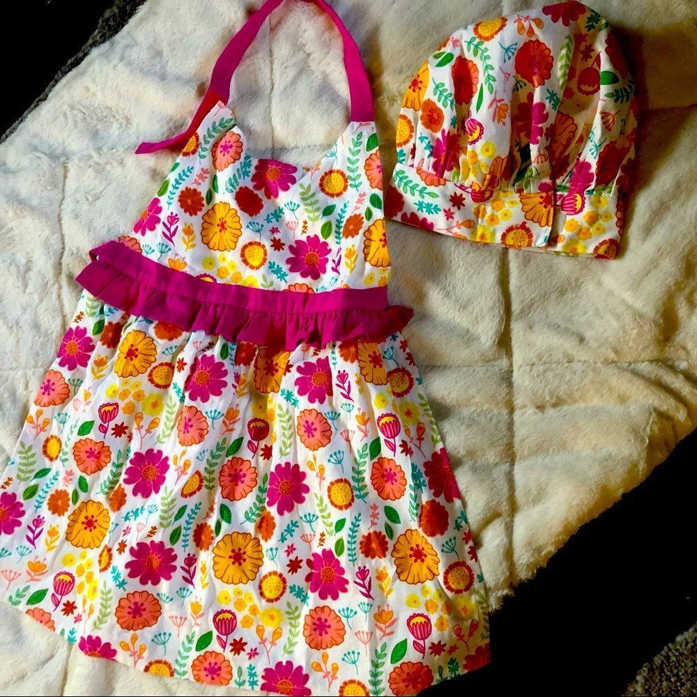 Adorable children’s Apron and Chef’s Hat Pink Yellow Floral 100% Cotton by Circo